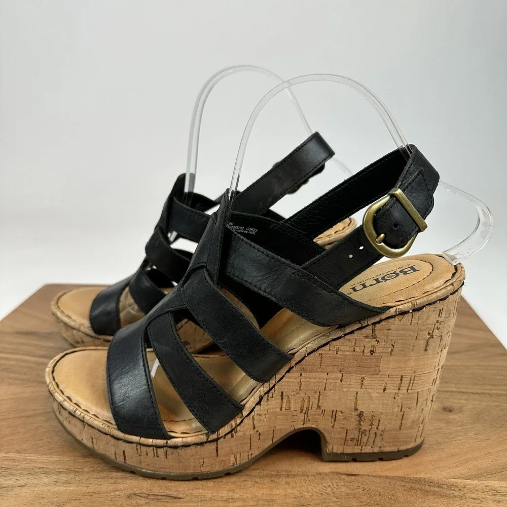 New Womens Born Bernese Black Leather Strappy Wedge Heeled Casual Sandals Size 9